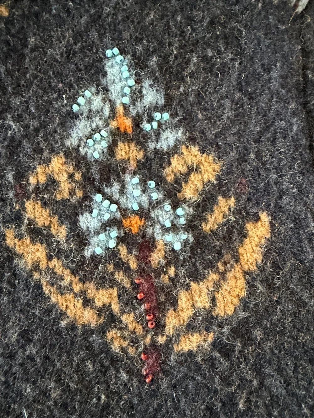 Tory Burch 100% Wool Beaded Navy Crewneck Sweater with Light Blue and Tan Motifs